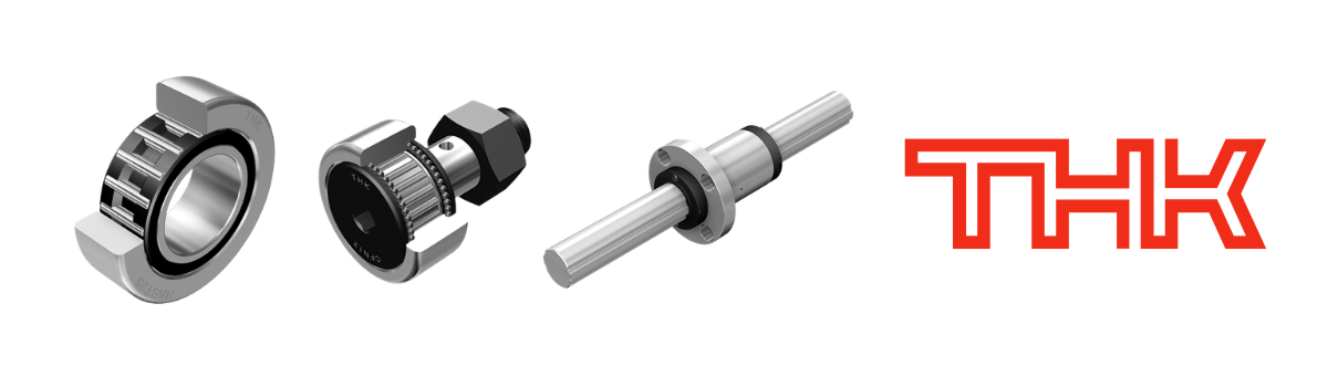 THK roller follower shown in cutaway, stud-type cam follower shown in cutaway, and a flanged ball spline nut on a splined shaft, alongside the red THK logo
